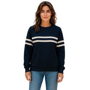 Fashion Navy Blue/White Long Sleeve Shirt-Size L-Round Neck-Soft-Lightweight